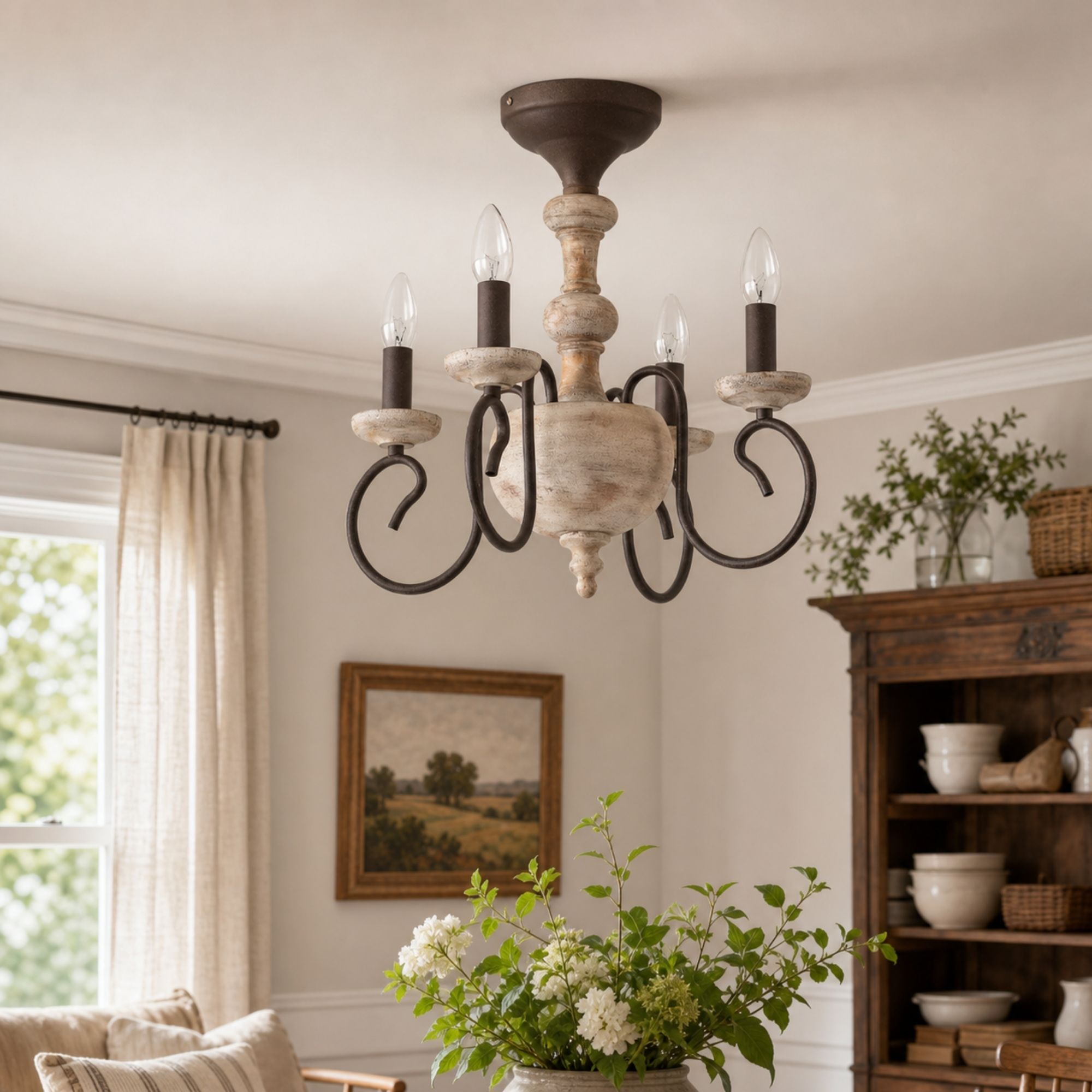 farmhouse dining room scene with rustic ceiling chandelier