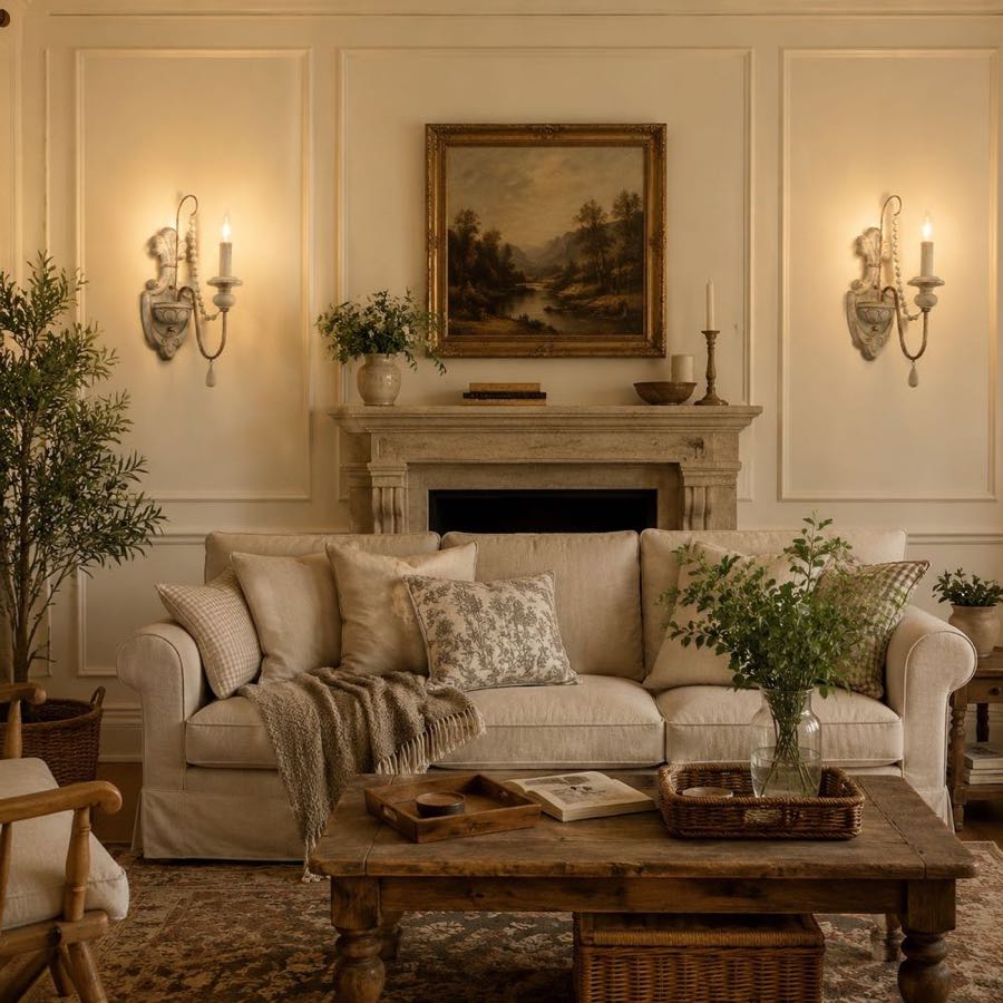 Two-light wall sconces installed beside a traditional living room fireplace
