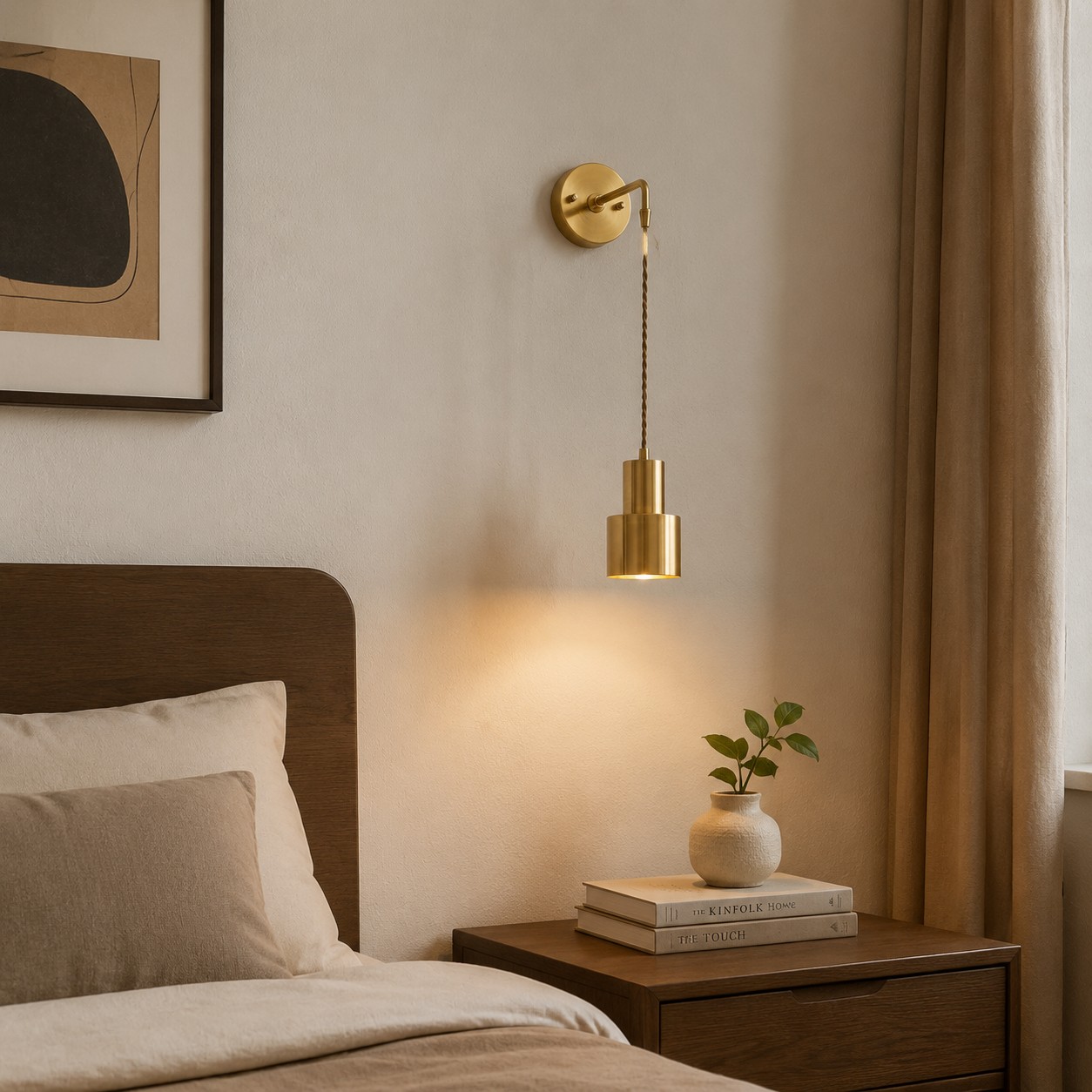 Pendant brass wall sconce installed beside a bed