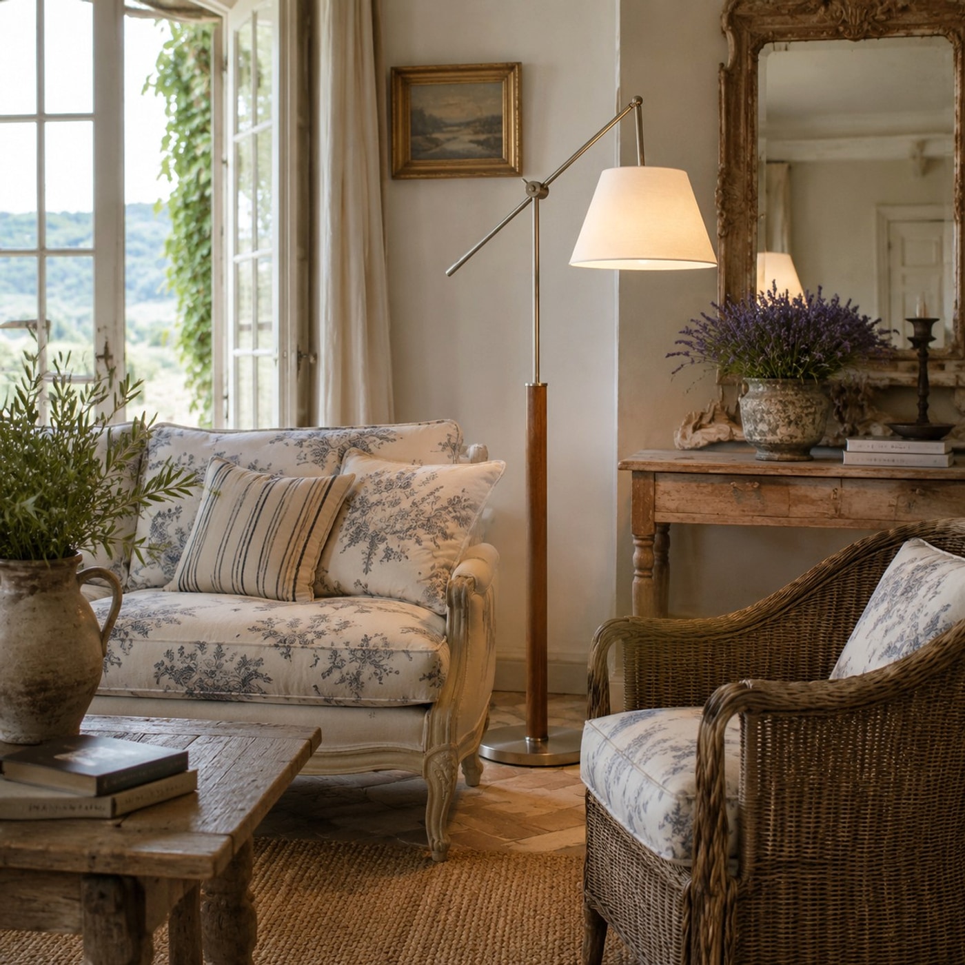 Vintage swing arm floor lamp beside a reading chair