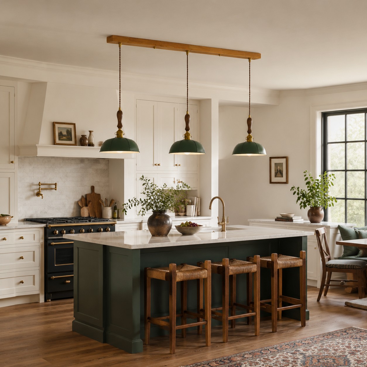 Deep green three-light pendant over a kitchen island