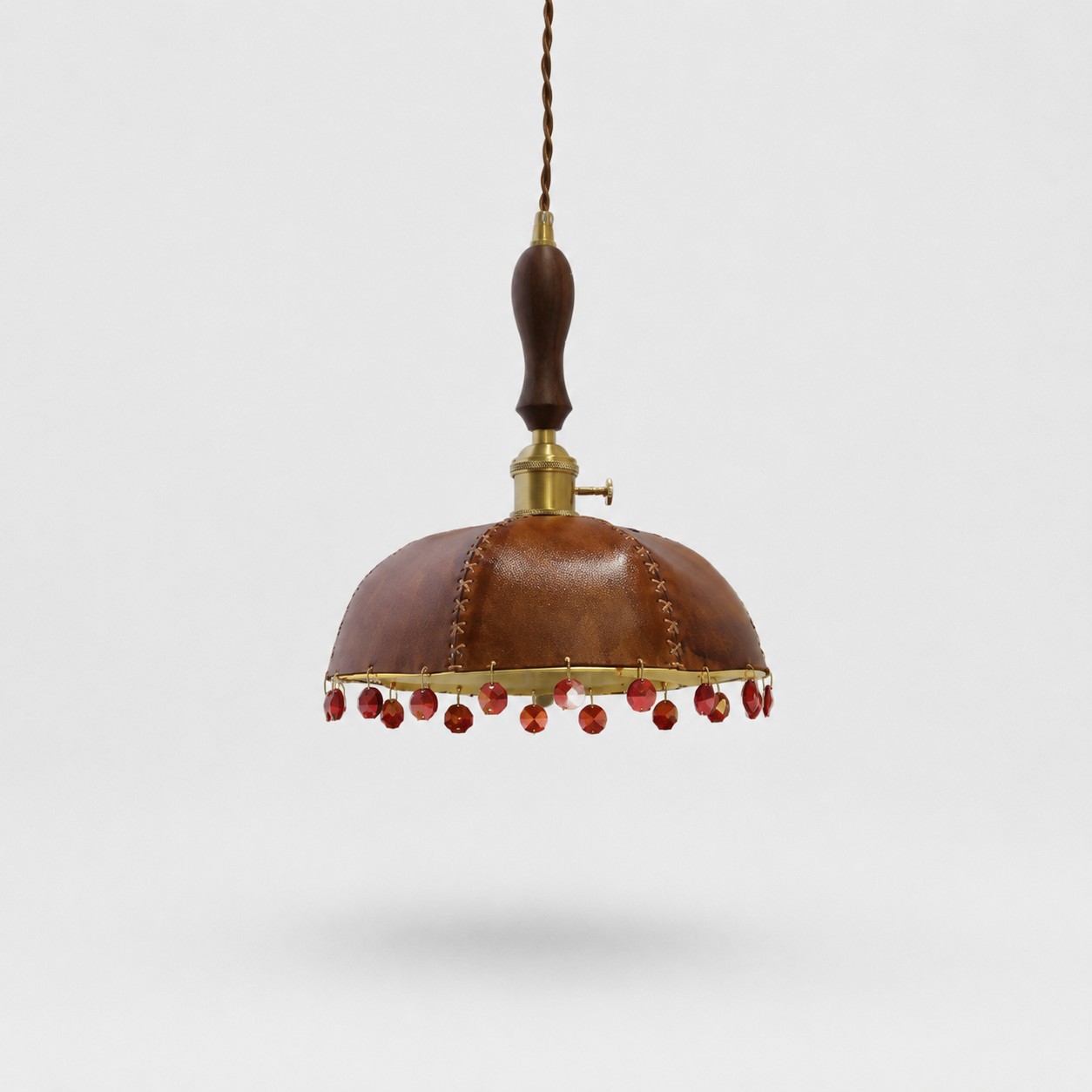 Vintage brown leather dome pendant lamp with red crystal drops