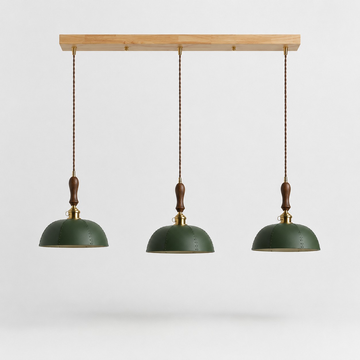 Deep green three-light leather bar pendant without crystal drops