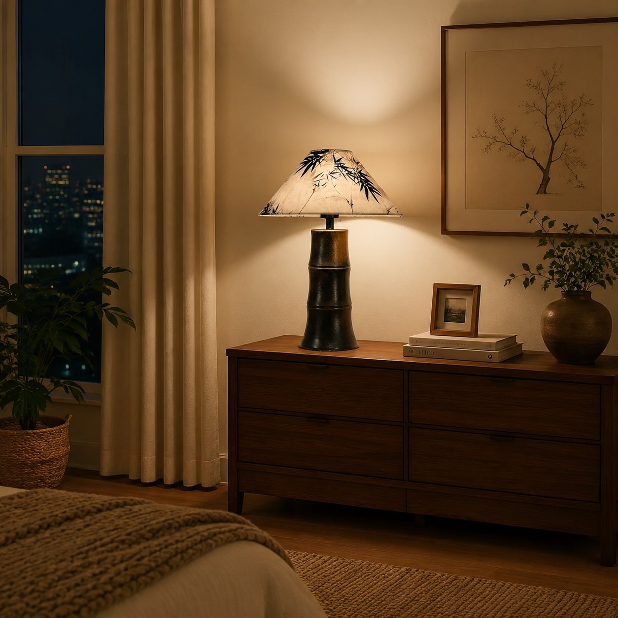Botanical shade ceramic table lamp on a bedroom cabinet at night