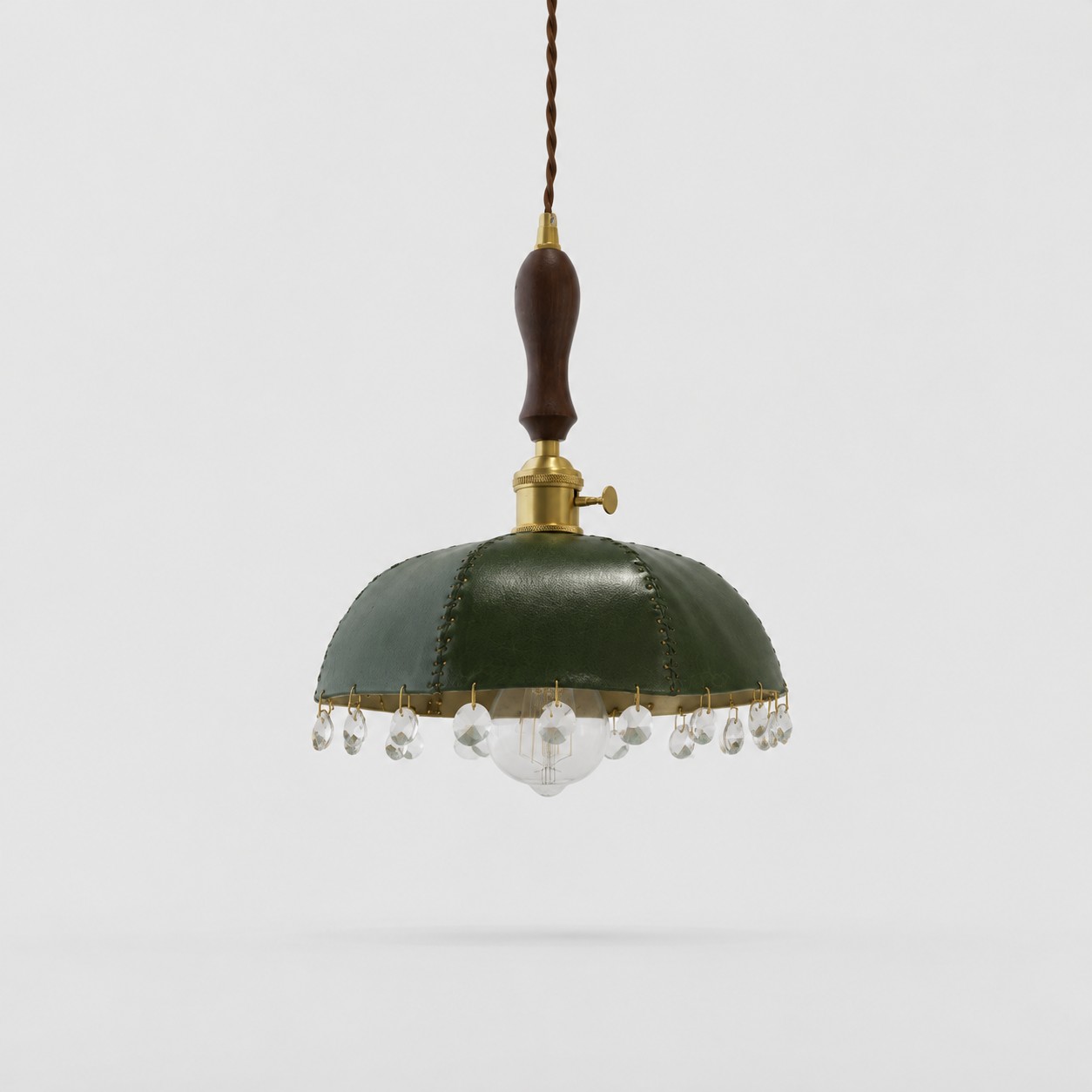 Deep green leather dome pendant lamp with clear crystal drops