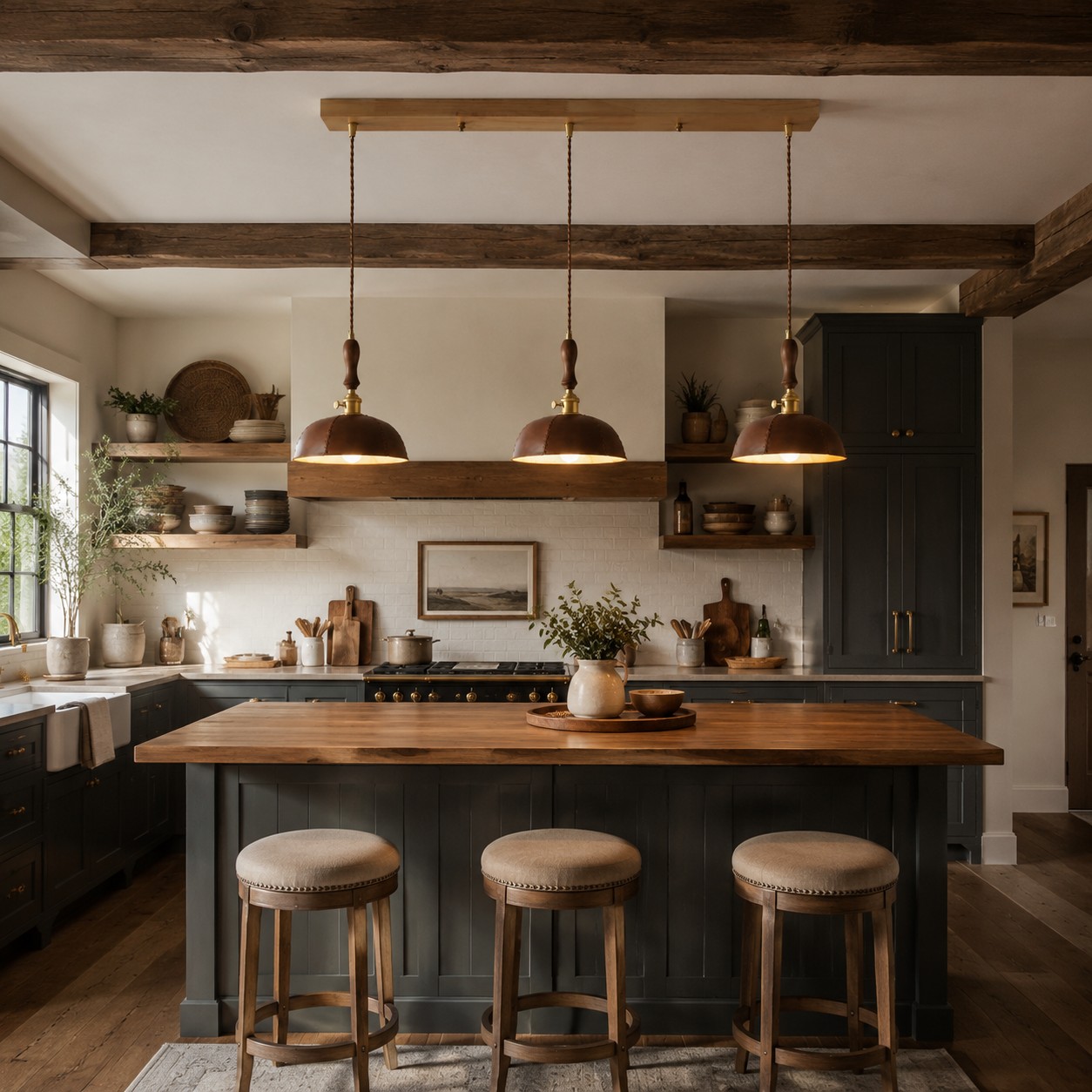 Vintage brown three-light pendant in a kitchen