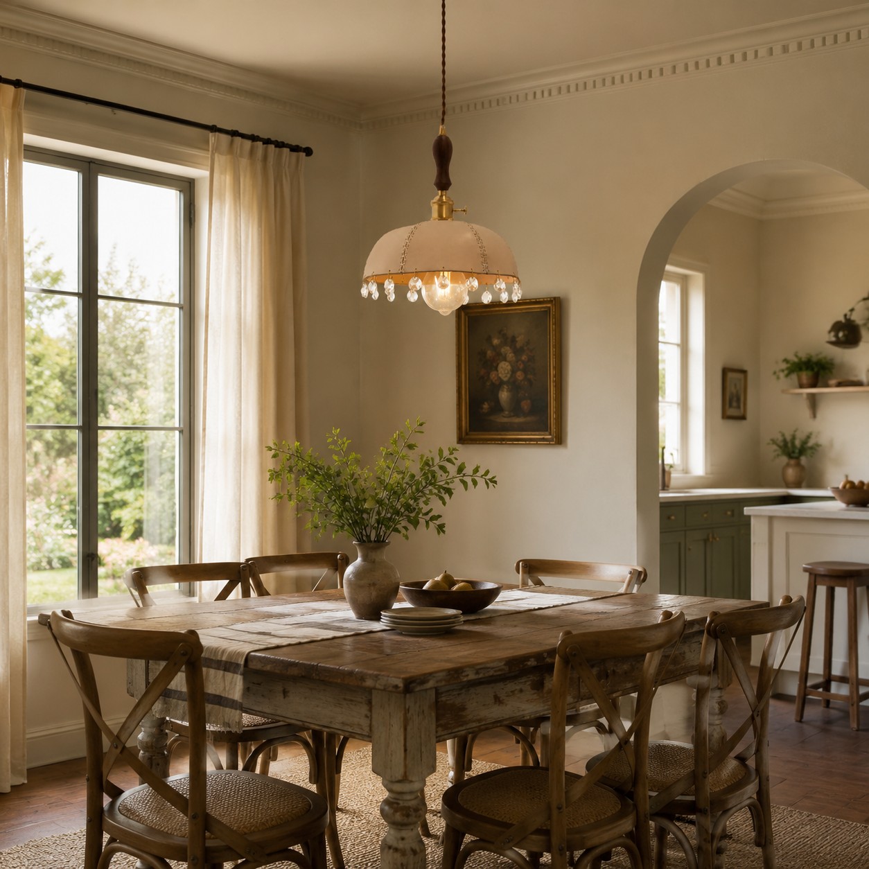 Natural leather pendant above a dining table