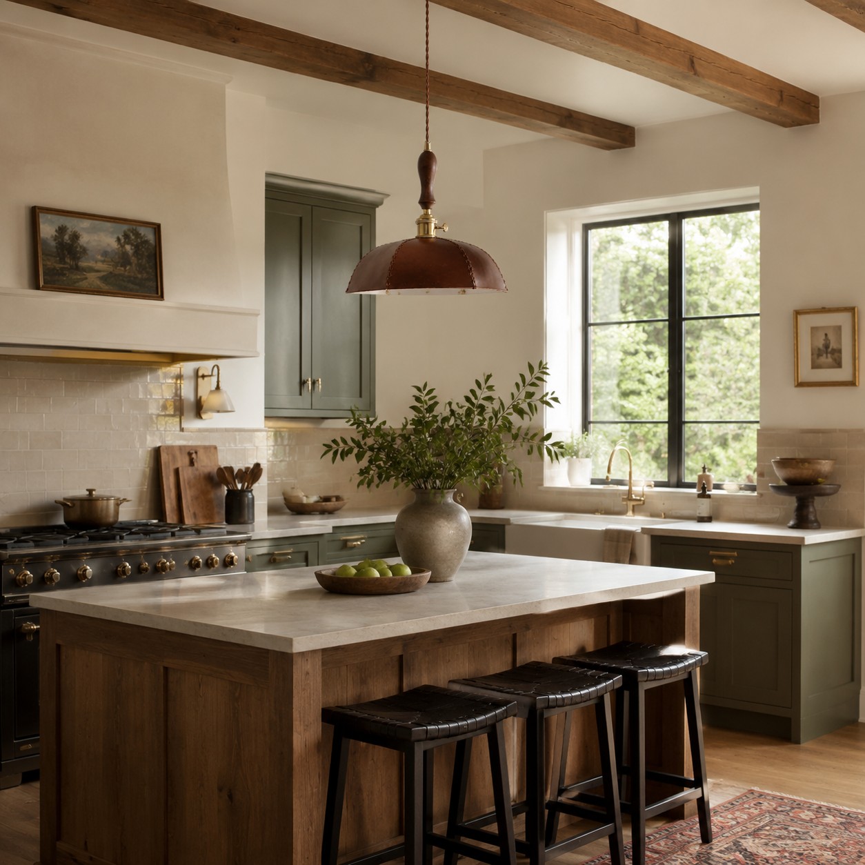 Vintage brown pendant over a kitchen island