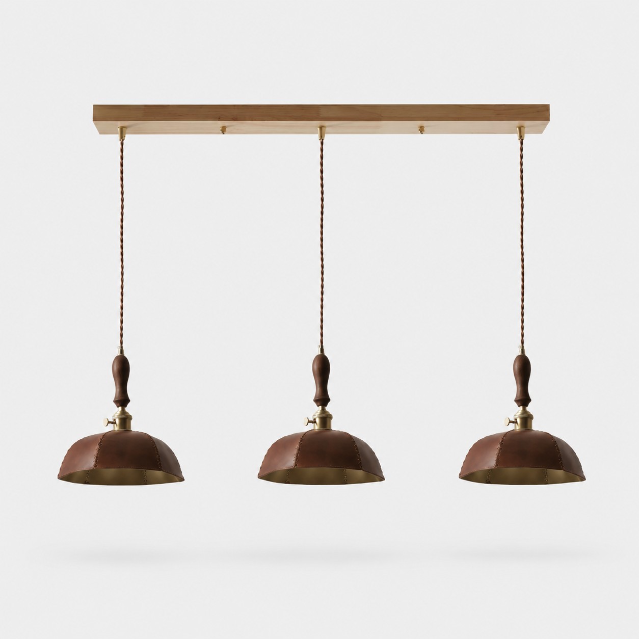 Vintage brown three-light leather bar pendant without crystal drops