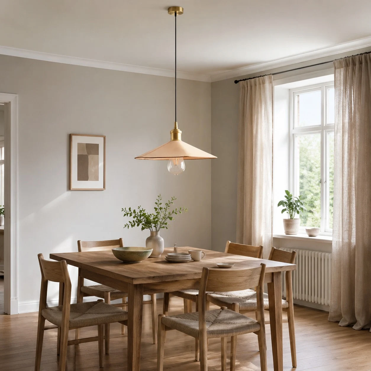 Leather cone pendant light above a dining table