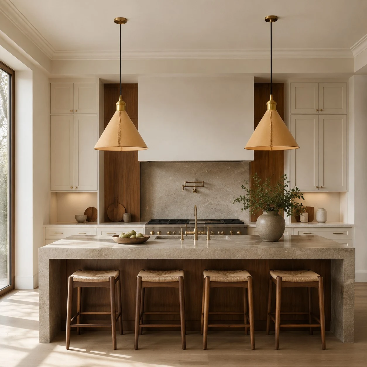 Leather cone pendant lights over a kitchen counter