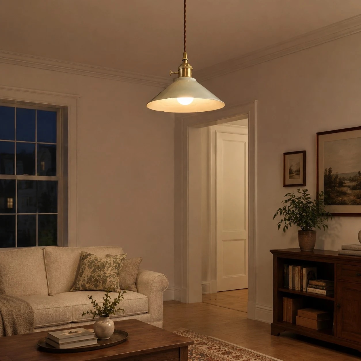 Ceramic pendant light in a warm room