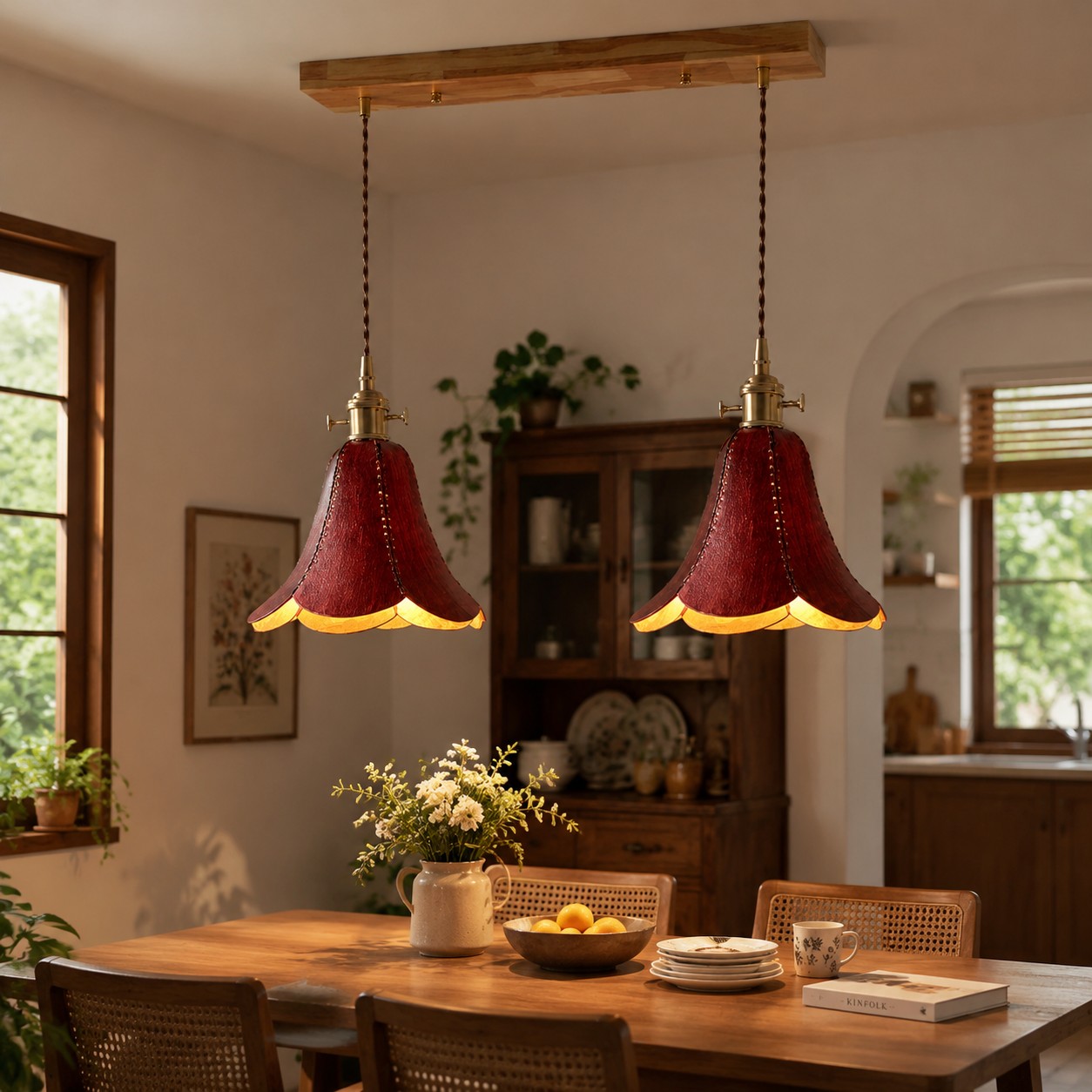 Brown double pendant above a dining table