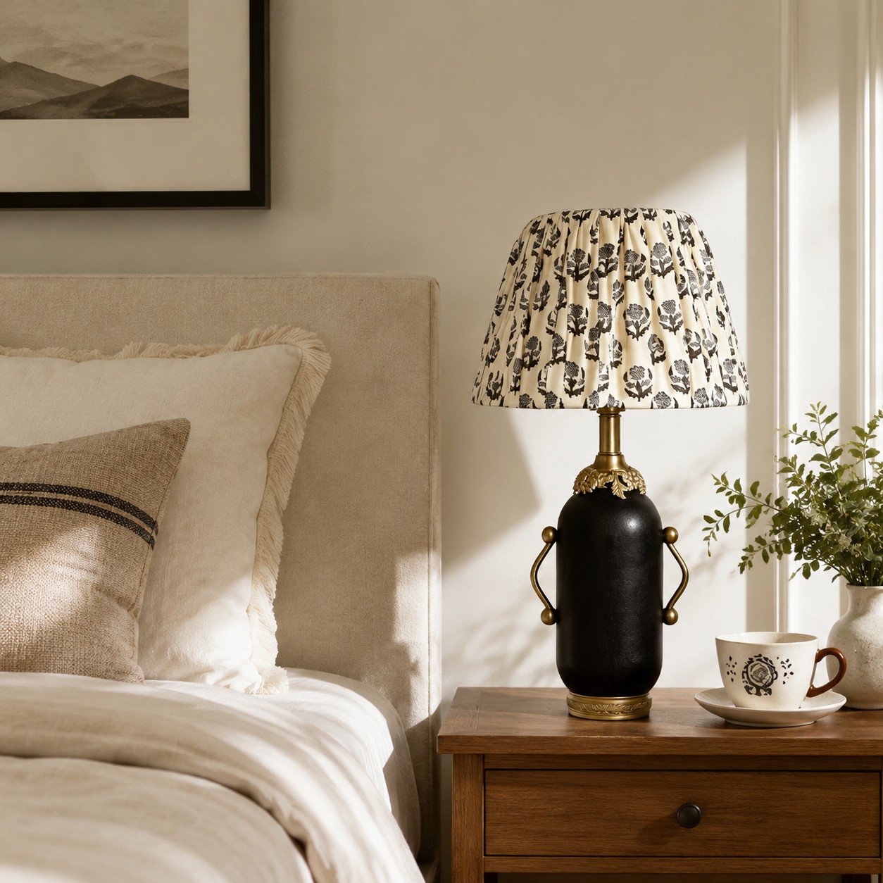 Matte black floral table lamp styled on a bedroom nightstand