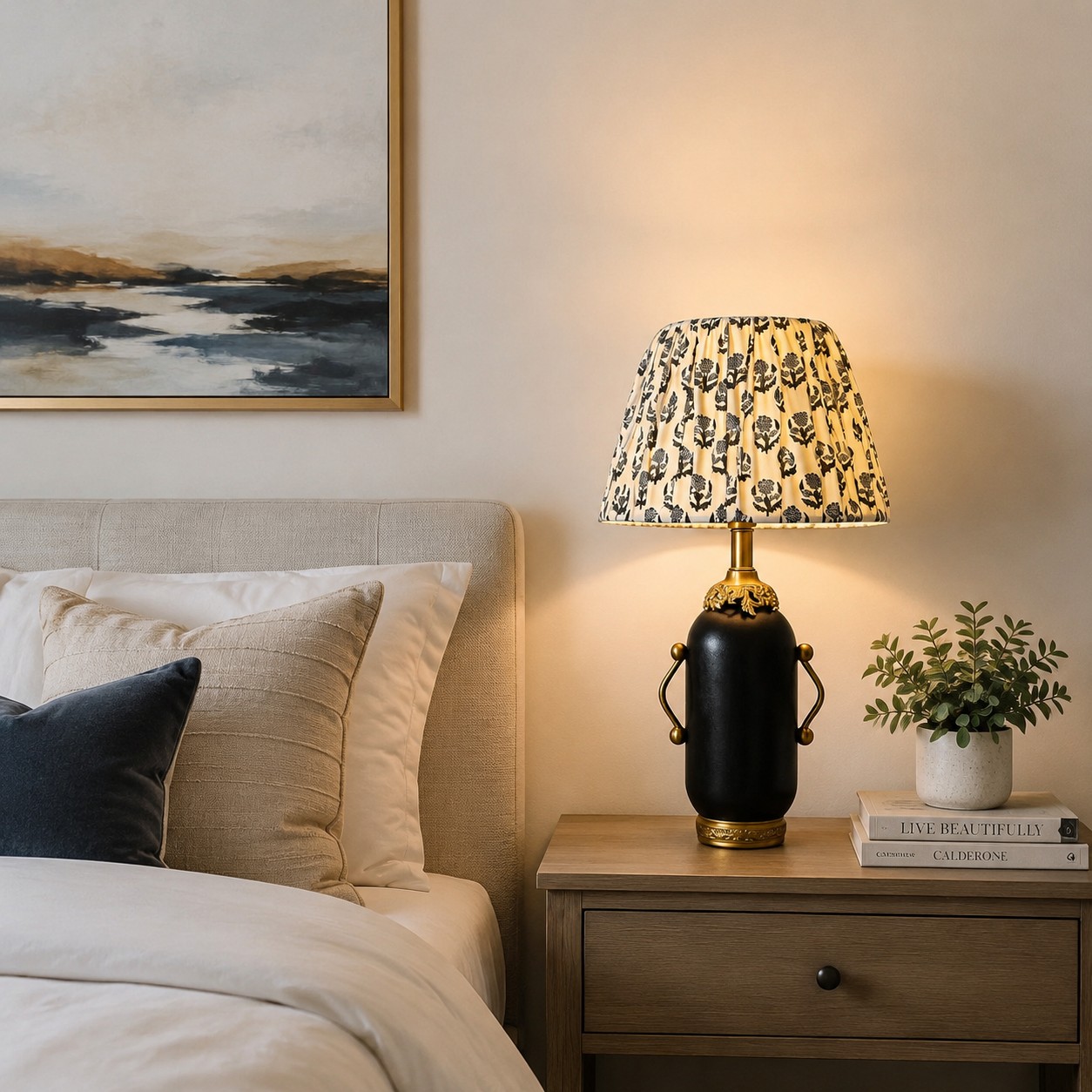 Matte black floral table lamp glowing on a bedroom nightstand