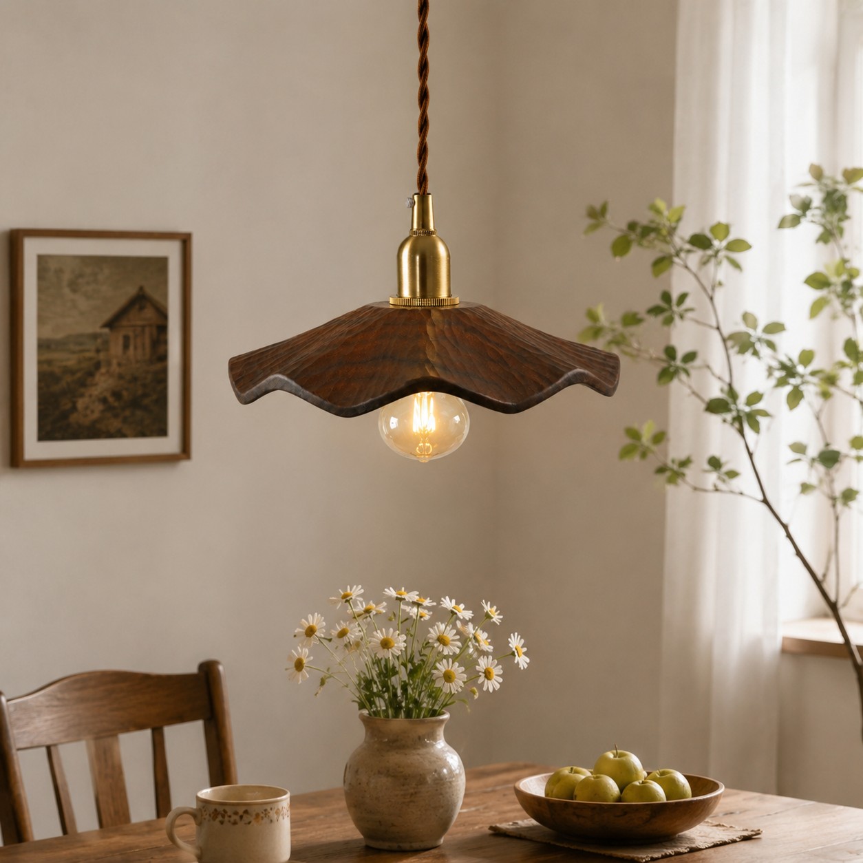 dark walnut lotus pendant light in dining room