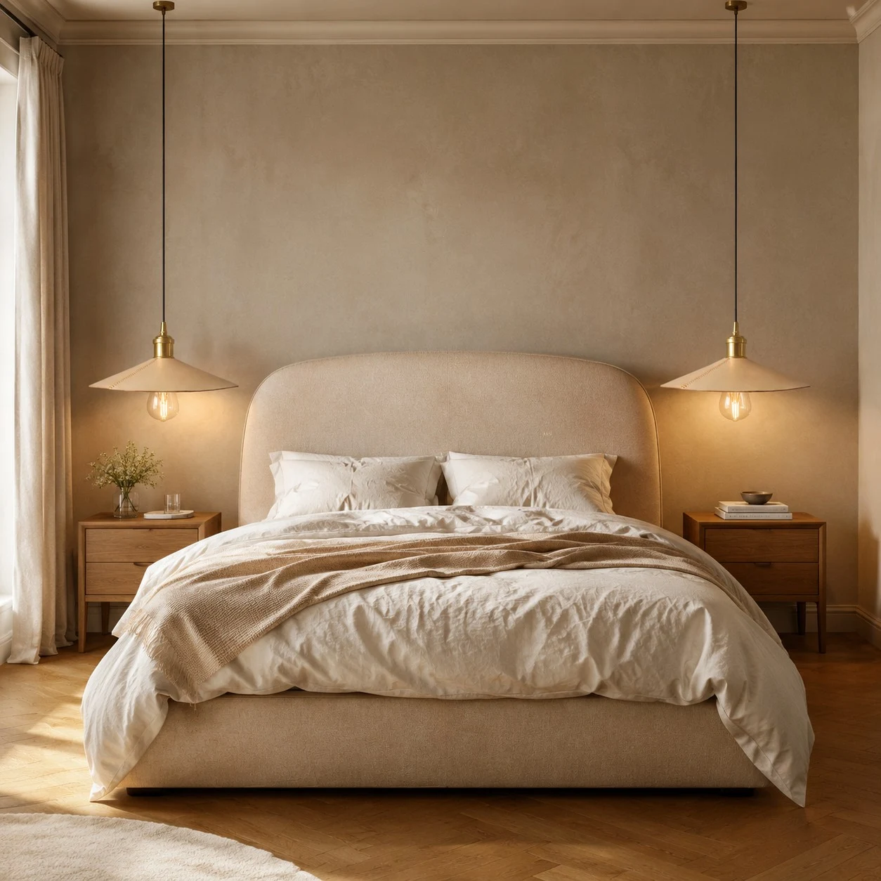 Pair of leather cone pendant lights beside a bedroom bed