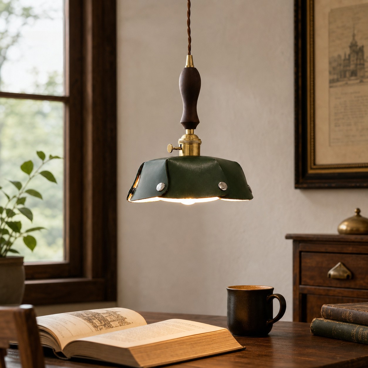 Vintage leather pendant light room scene
