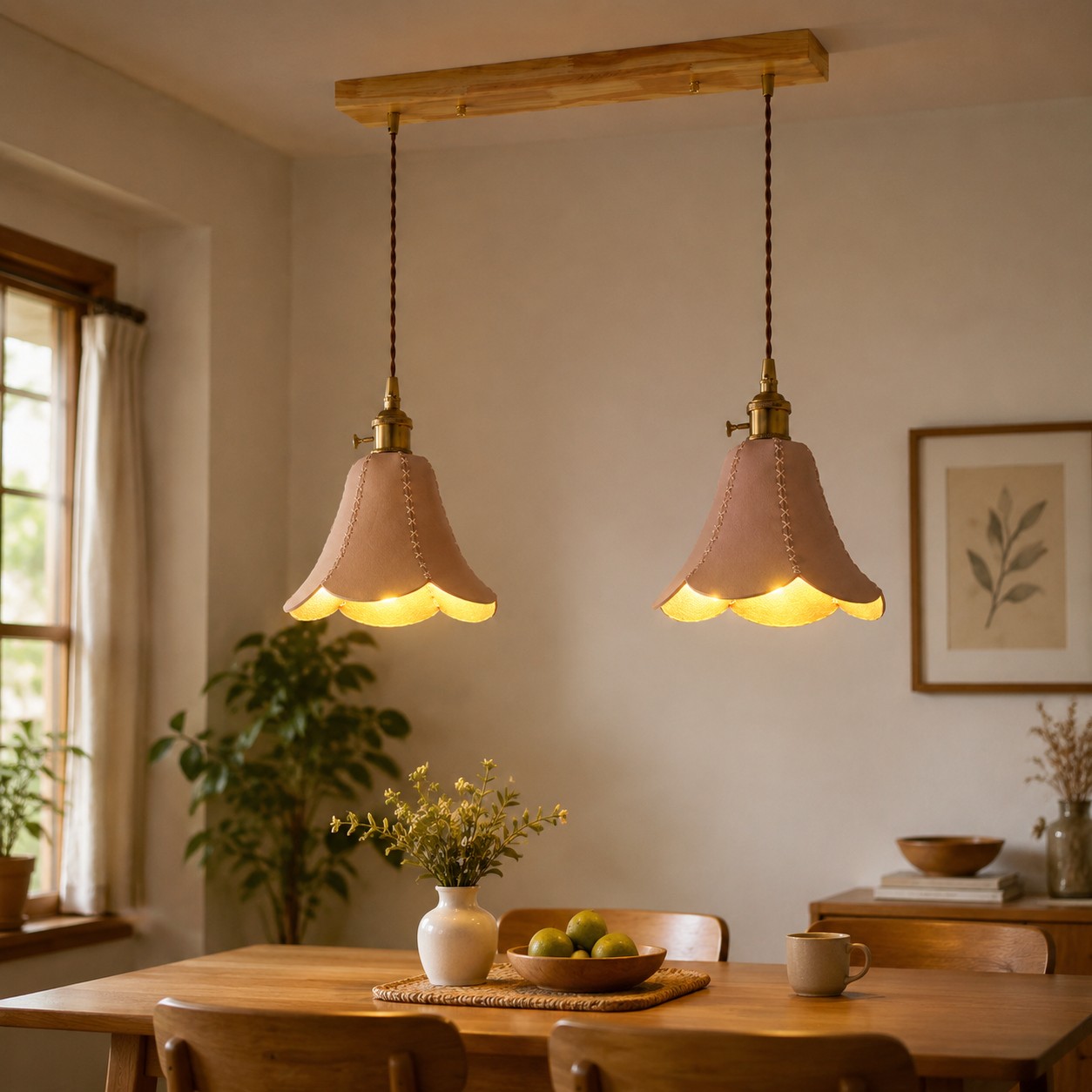 Natural double pendant above a dining table