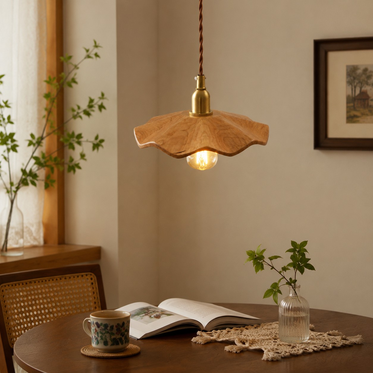cherry wood lotus pendant light over dining table