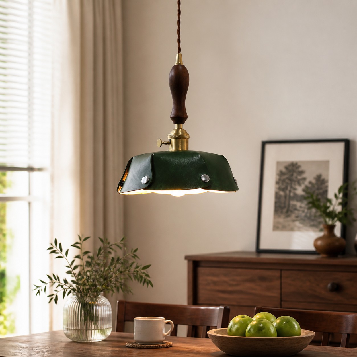 Vintage leather pendant light room scene