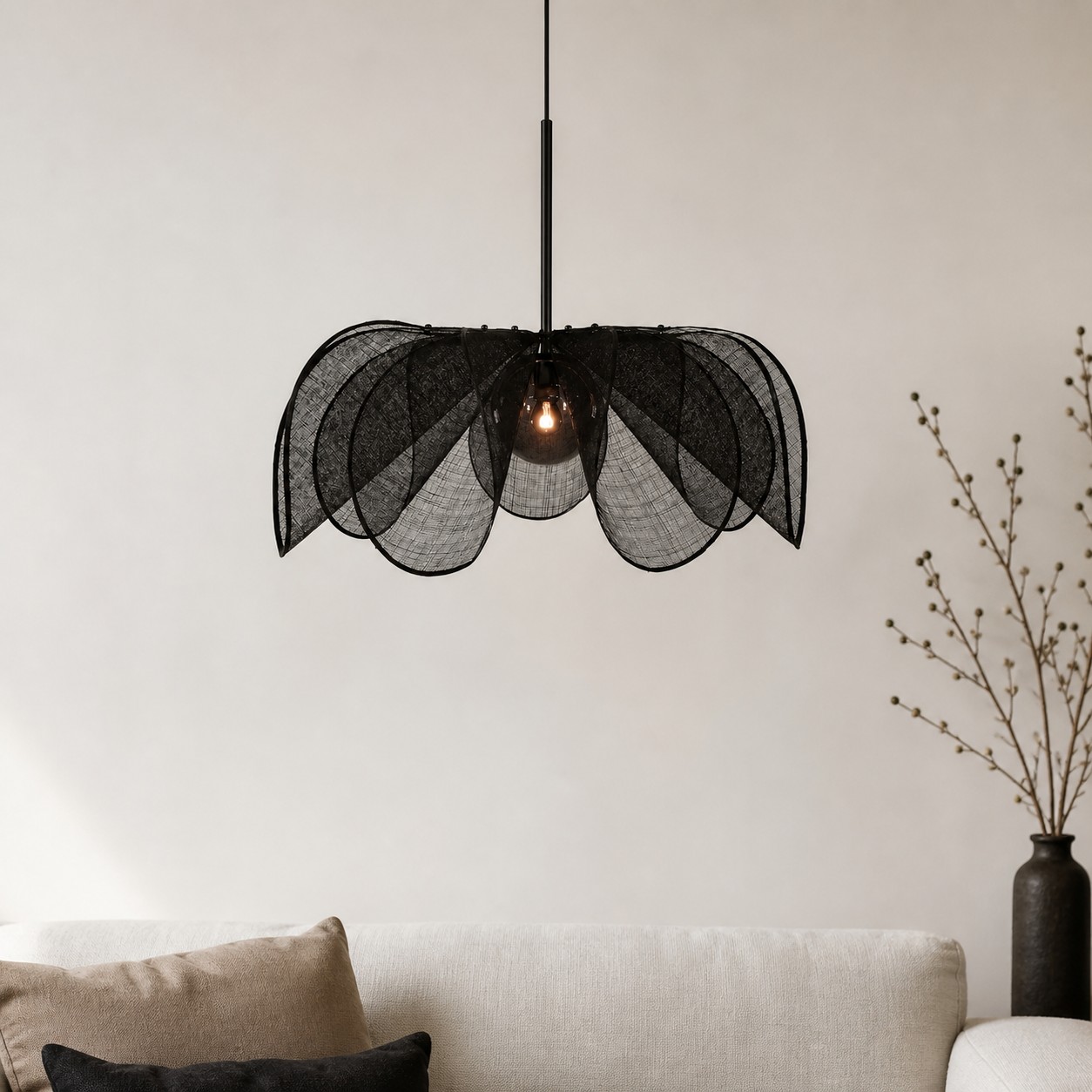 Black pendant light living room scene