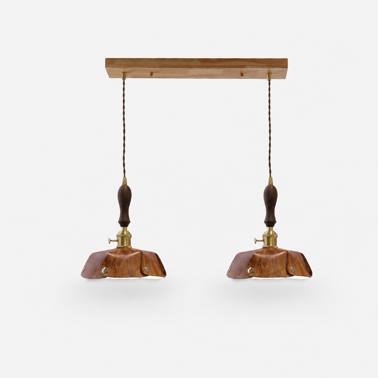 2-Light Linear Pendant Vintage Brown Leather Bar 50 cm / 19.7 in; Shade Dia. 20 cm / 7.9 in