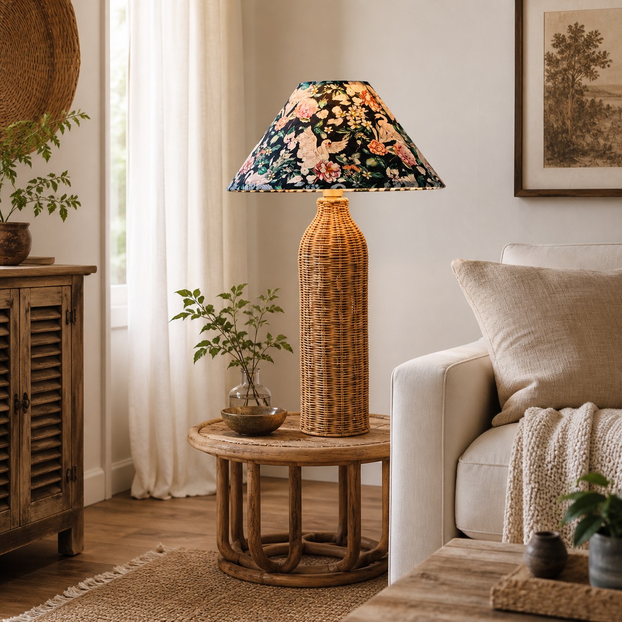 Tall rattan table lamp beside a neutral sofa