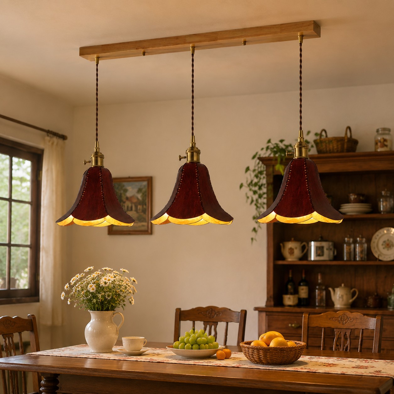 Brown triple pendant above a dining table