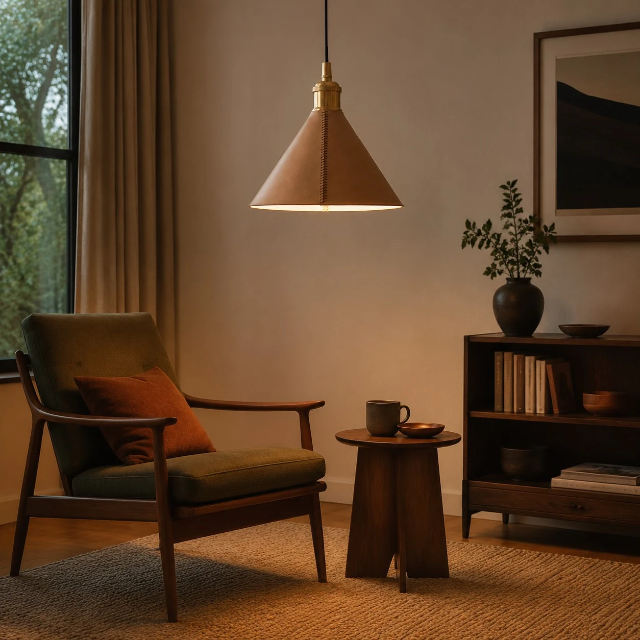 Leather cone pendant light in a lounge corner