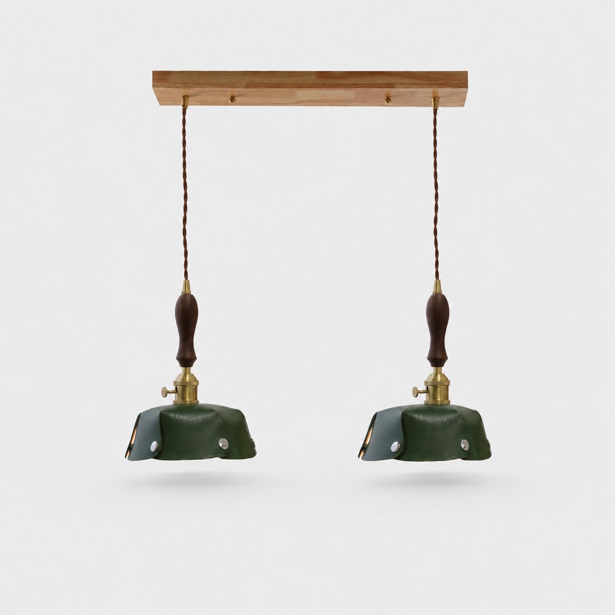 2-Light Linear Pendant Deep Green Leather Bar 50 cm / 19.7 in; Shade Dia. 25 cm / 9.8 in