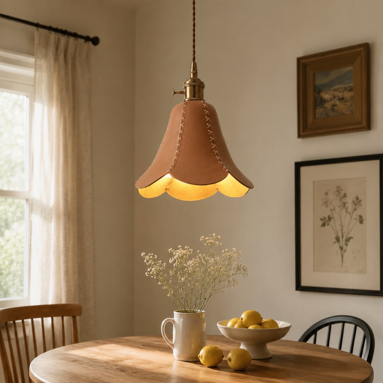 Natural single pendant above a dining table
