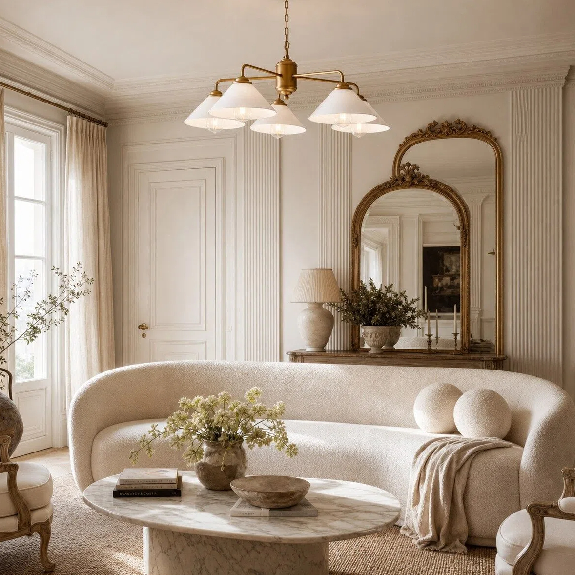 Vintage chandelier installed in an elegant light-filled living room