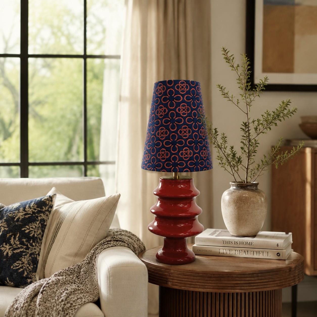 Embroidered Fabric and Sculptural Ceramic Table Lamp