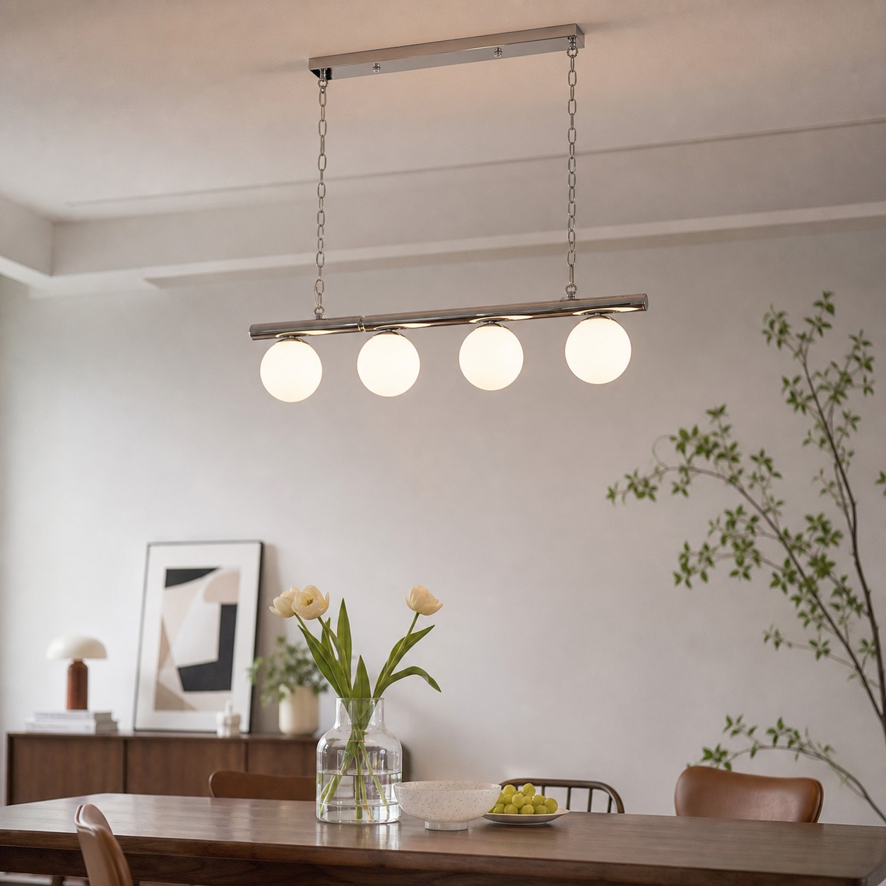 White globe chandelier above a dining table