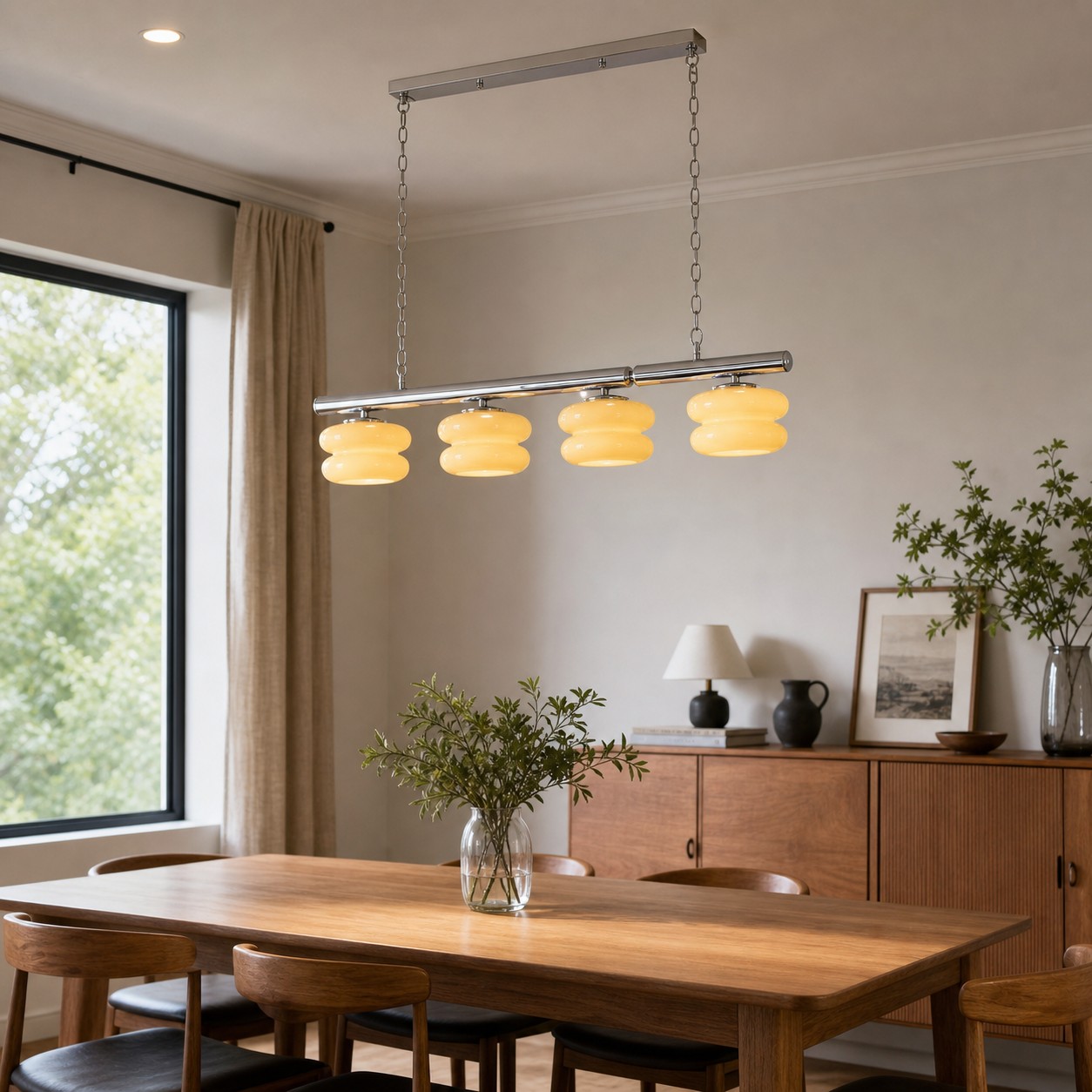 Cream layered glass chandelier in a warm dining room