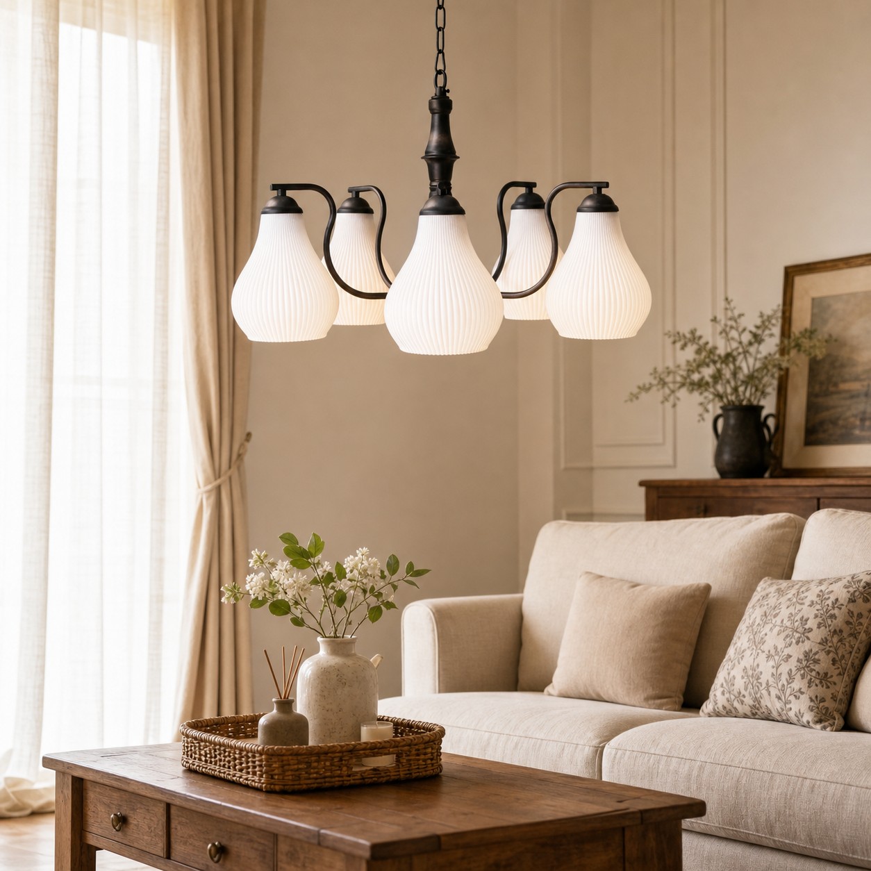 Five-heads glass chandelier in a warm living room
