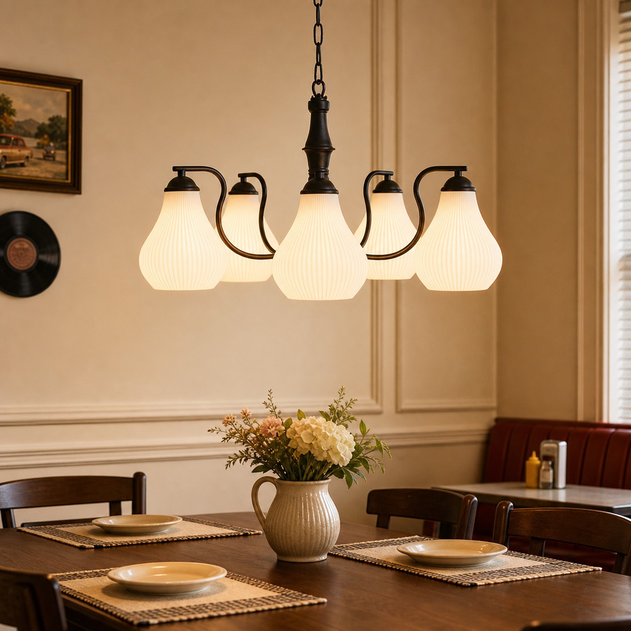 Vintage five-heads chandelier above a dining table