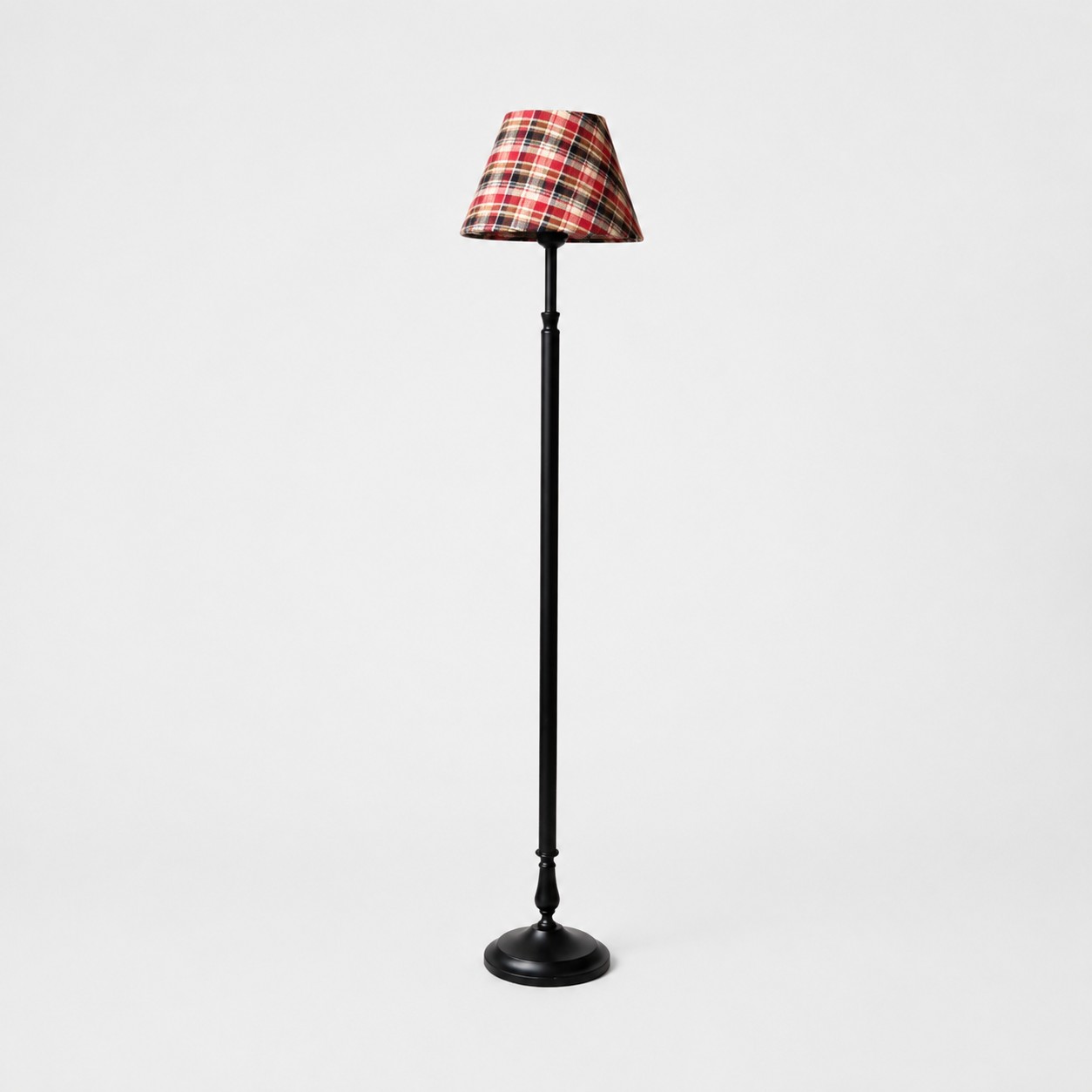 Vintage black iron floor lamp with Academy Plaid II shade