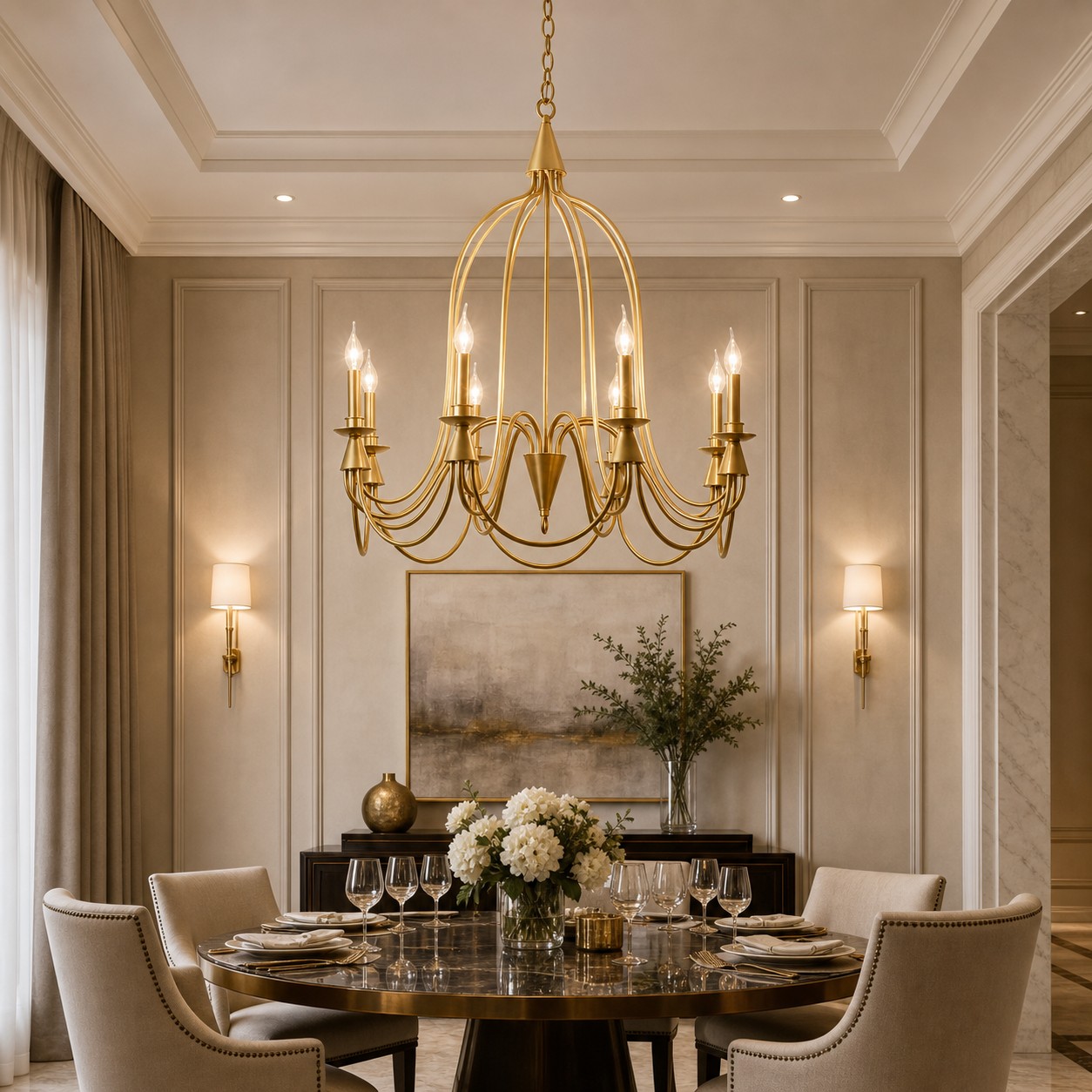 Gold eight-light candle chandelier in an elegant dining room