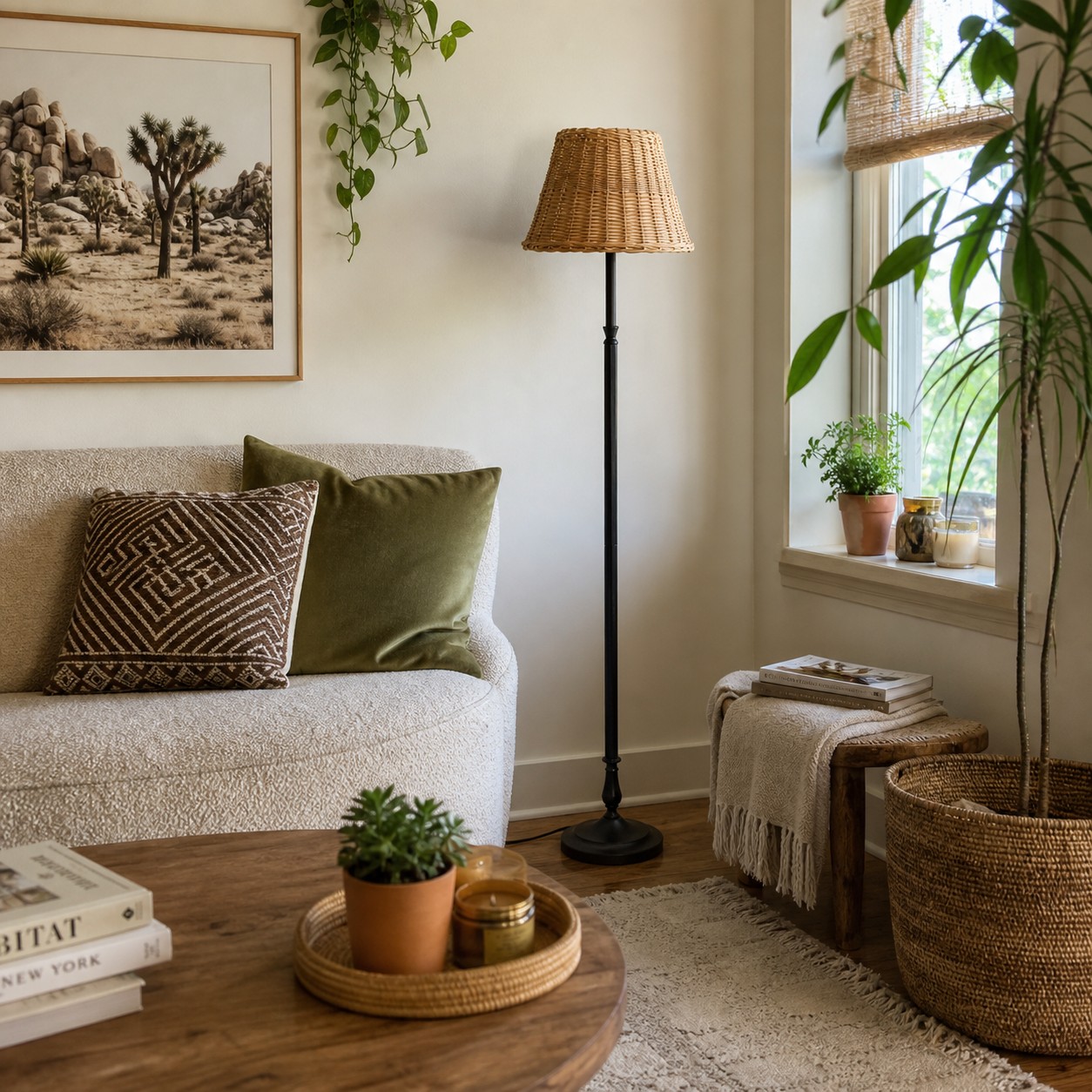 Natural woven floor lamp in a cozy living room corner