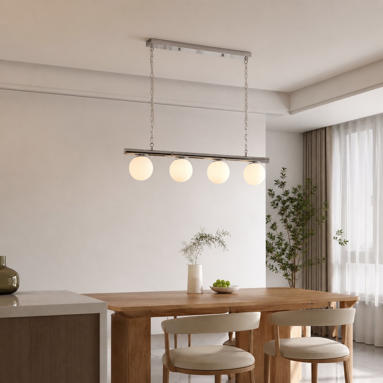 White globe chandelier in a bright dining room