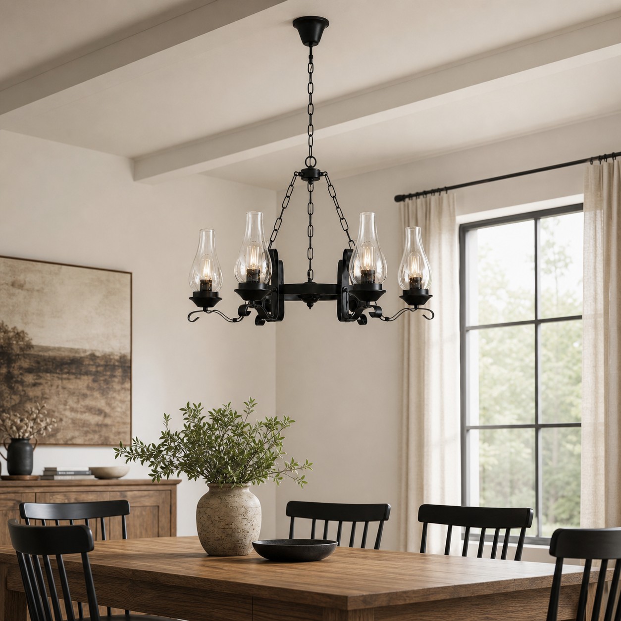 Six-light hurricane glass chandelier in a bright dining room