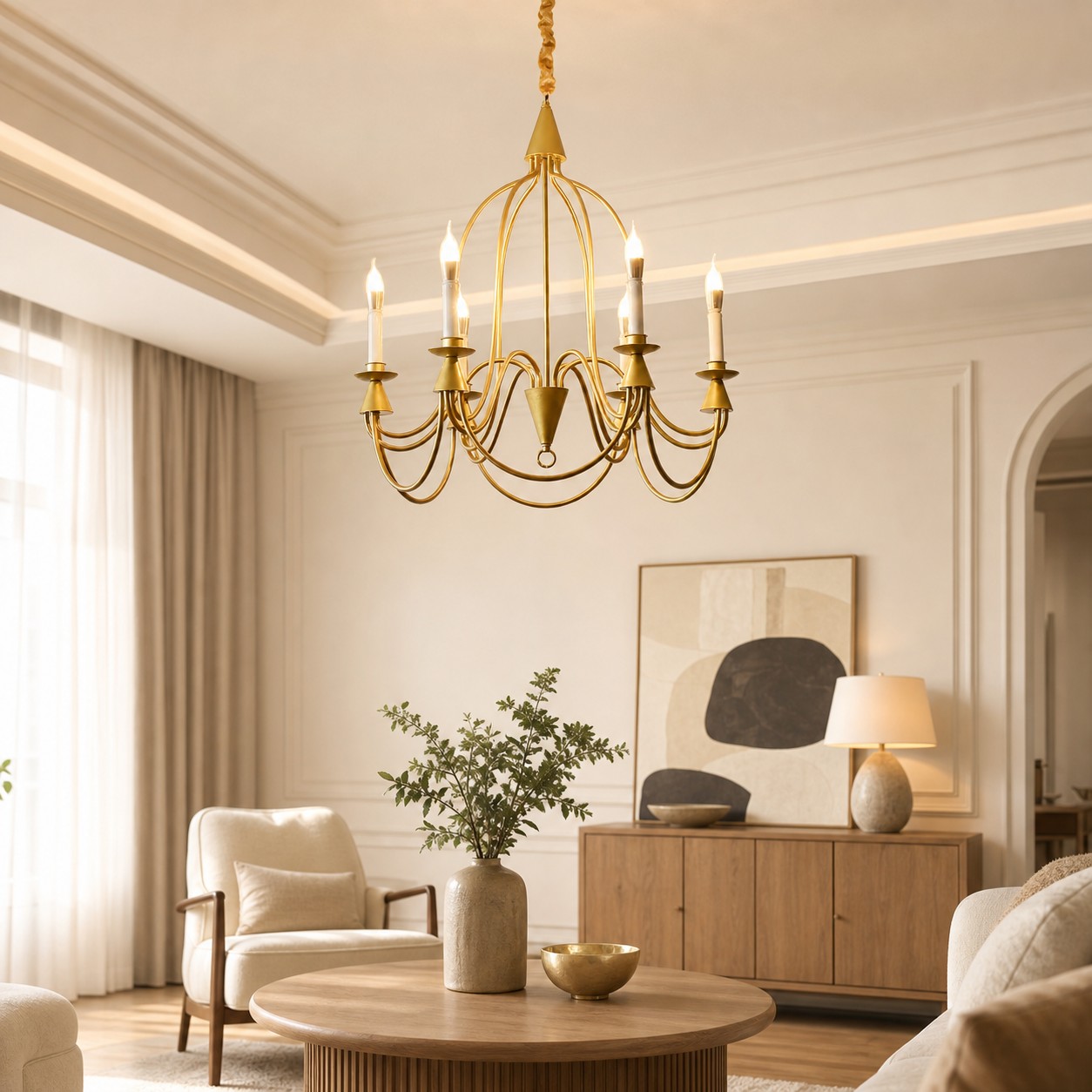 Gold six-light candle chandelier in a warm living space
