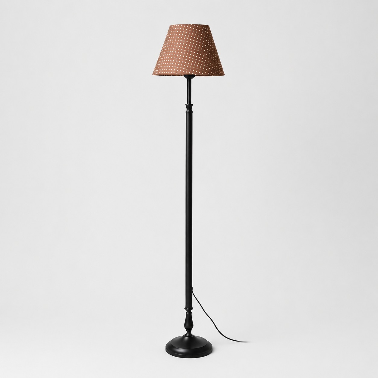 Vintage black iron floor lamp with coffee polka dot shade
