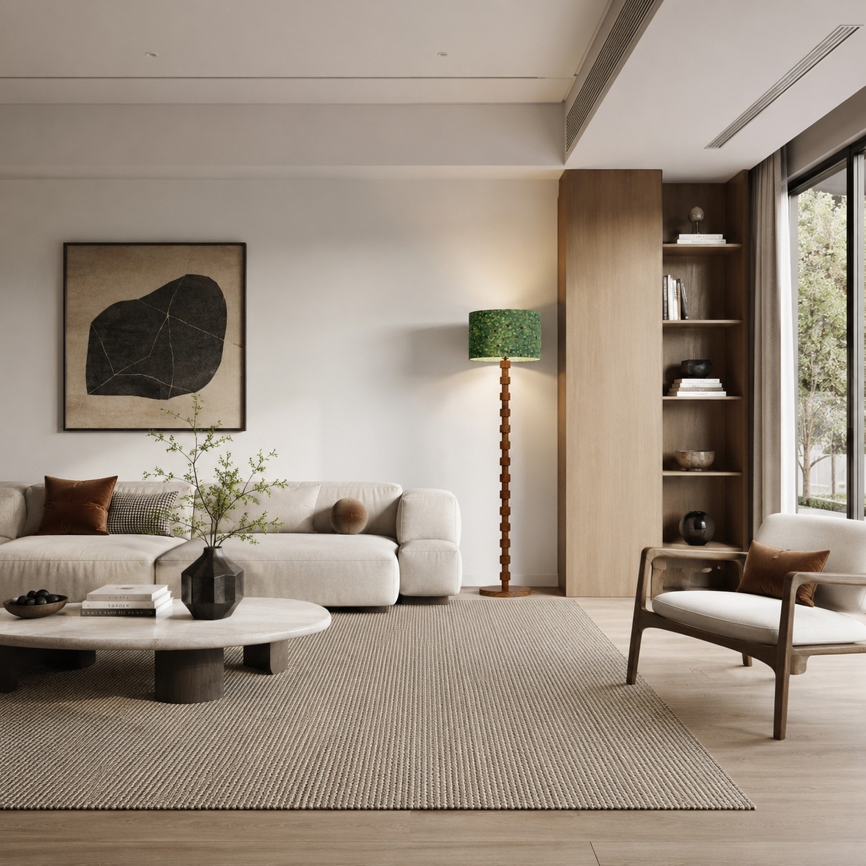 Wood floor lamp in a bright modern living room