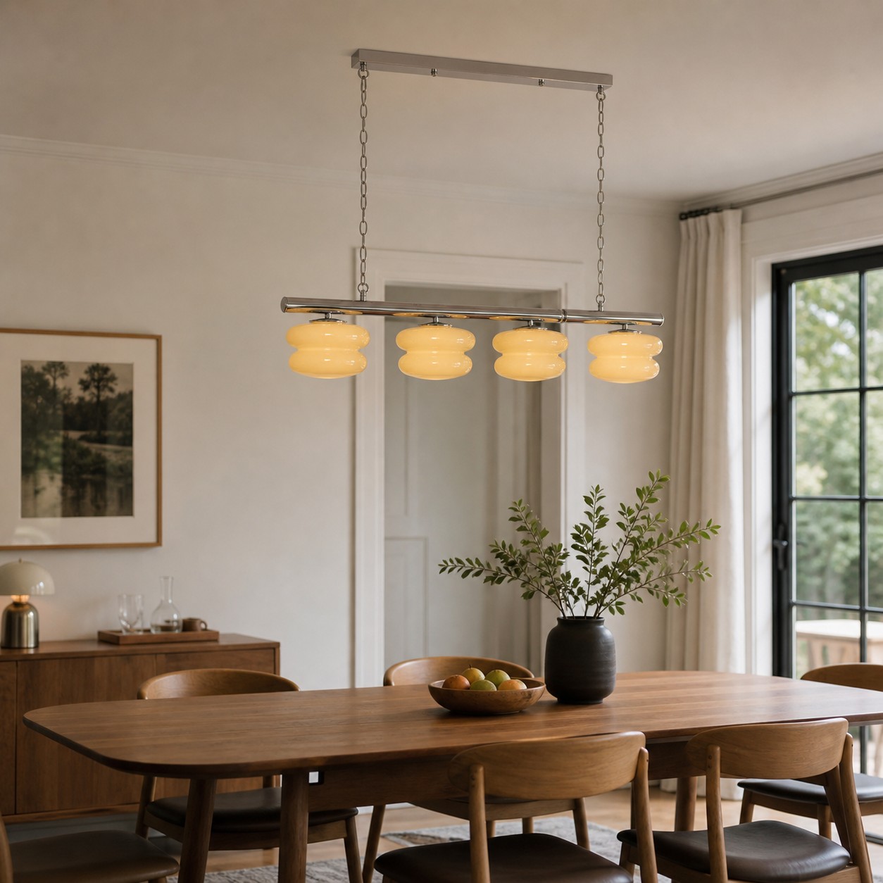 Cream layered glass chandelier above a wood dining table