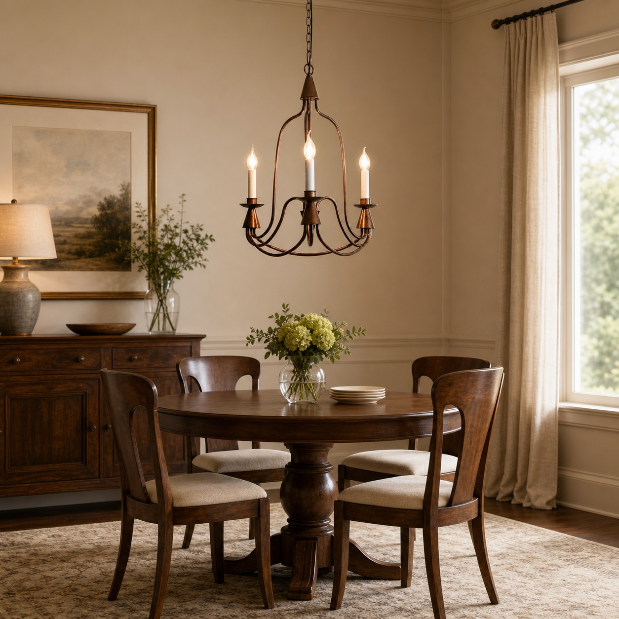 Antique bronze three-light candle chandelier in a warm dining room
